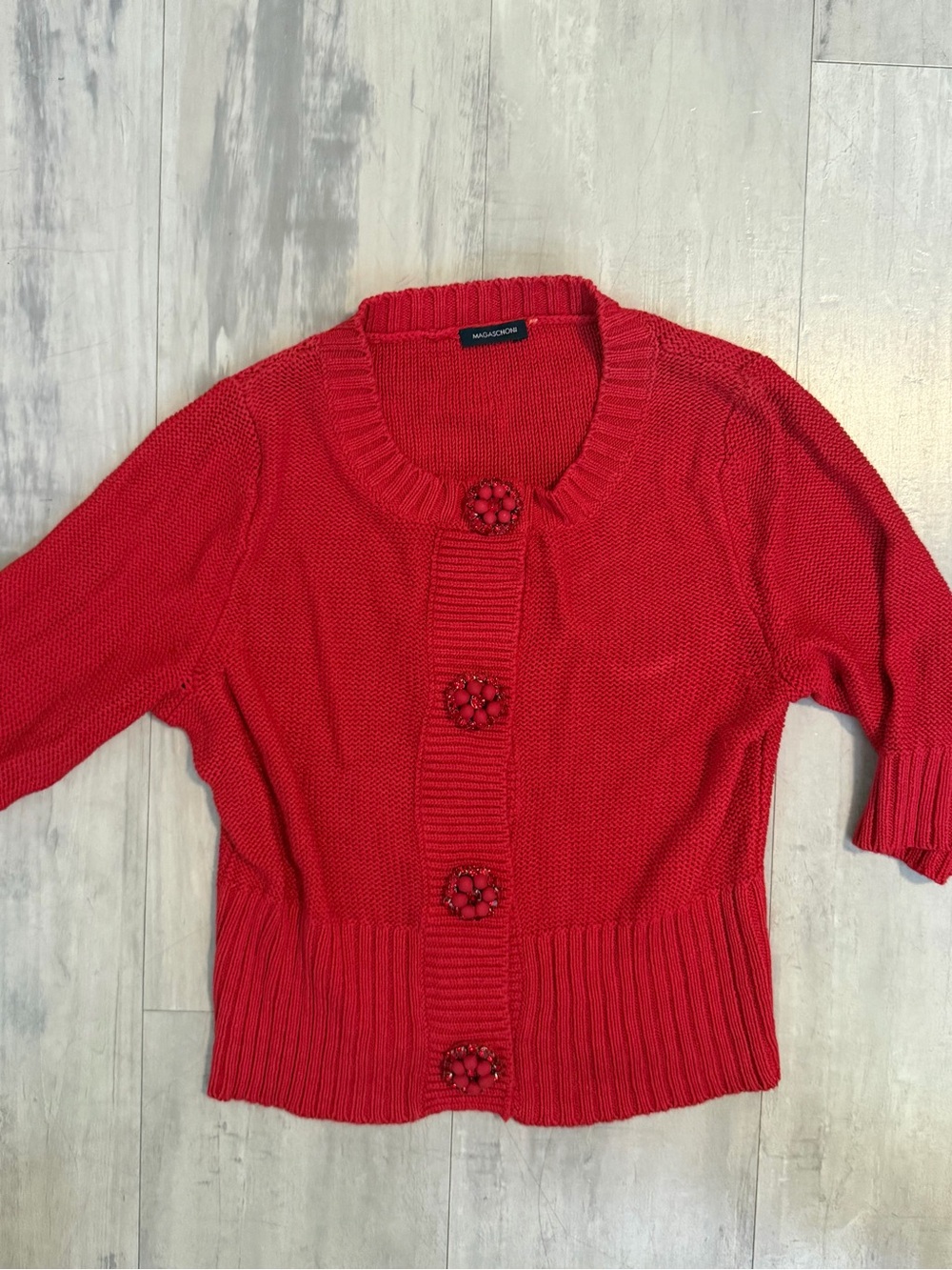 madison leigh Red Cropped Knit Cardigan with Decorative Buttons